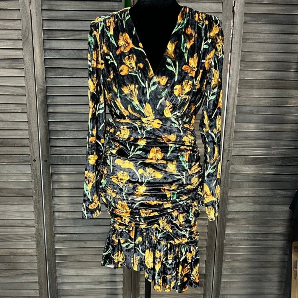 Delfi Velvet Floral Cocktail Dress Ruched Asymmetrical Hem RTR MSRP $398 M